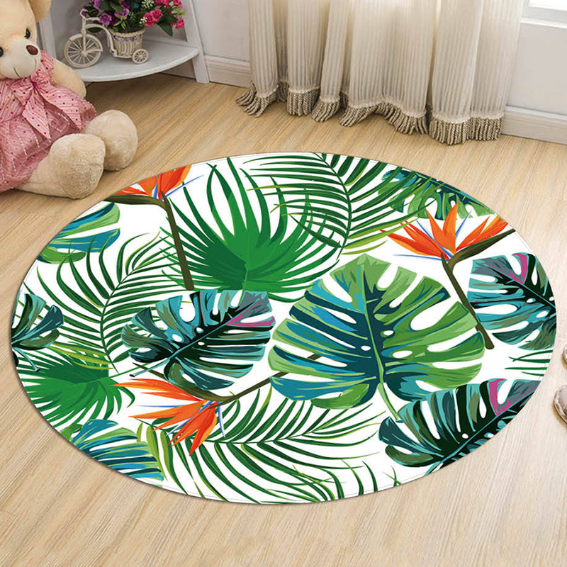Green Leaves Pattern Rug Modern Fresh Round Carpet Flannel Non-Slip Backing Rug for Living Room