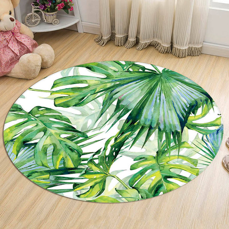 Green Leaves Pattern Rug Modern Fresh Round Carpet Flannel Non-Slip Backing Rug for Living Room