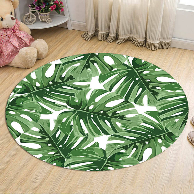 Green Leaves Pattern Rug Modern Fresh Round Carpet Flannel Non-Slip Backing Rug for Living Room