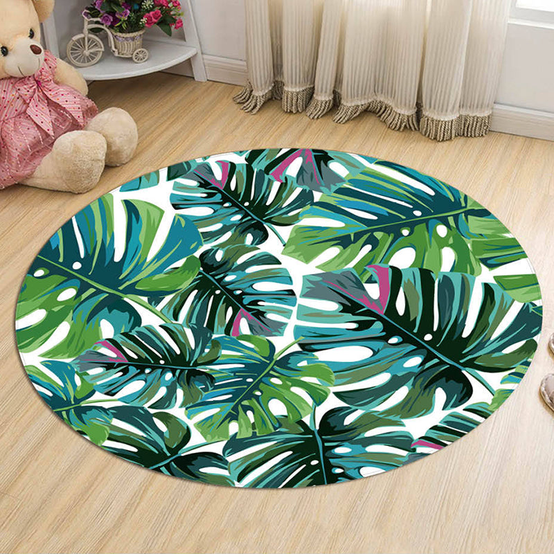 Green Leaves Pattern Rug Modern Fresh Round Carpet Flannel Non-Slip Backing Rug for Living Room