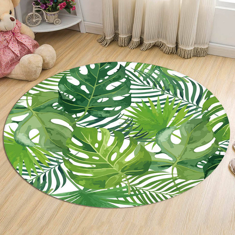Green Leaves Pattern Rug Modern Fresh Round Carpet Flannel Non-Slip Backing Rug for Living Room
