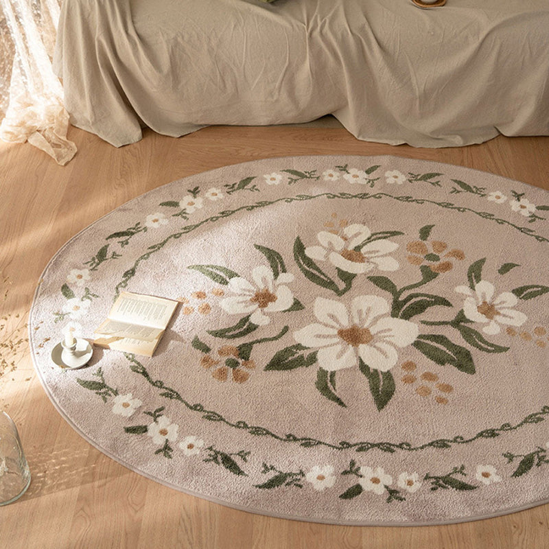 Fresh Floral Printed Rug Comfort Simple Round Carpet Polyester Non-Slip Backing Rug for Bedroom