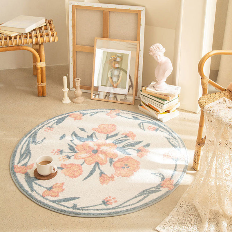 Fresh Floral Printed Rug Comfort Simple Round Carpet Polyester Non-Slip Backing Rug for Bedroom