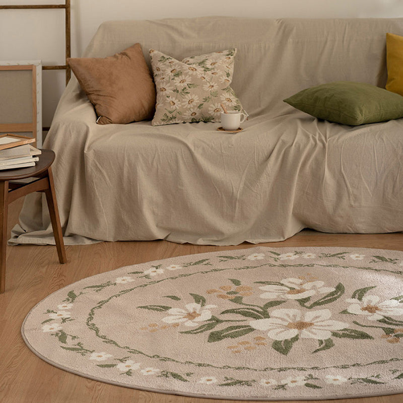 Fresh Floral Printed Rug Comfort Simple Round Carpet Polyester Non-Slip Backing Rug for Bedroom