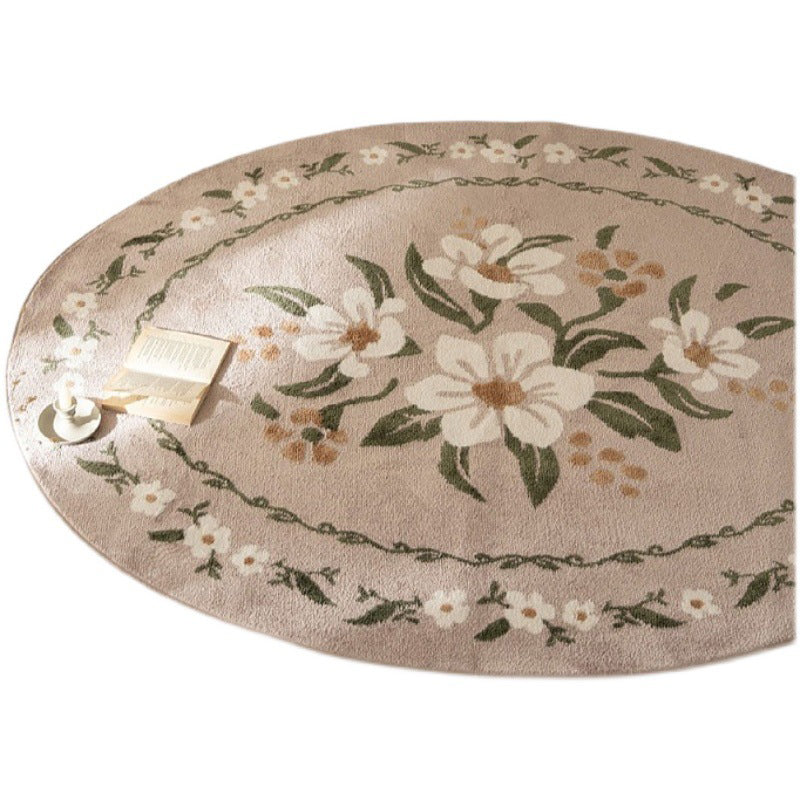 Fresh Floral Printed Rug Comfort Simple Round Carpet Polyester Non-Slip Backing Rug for Bedroom