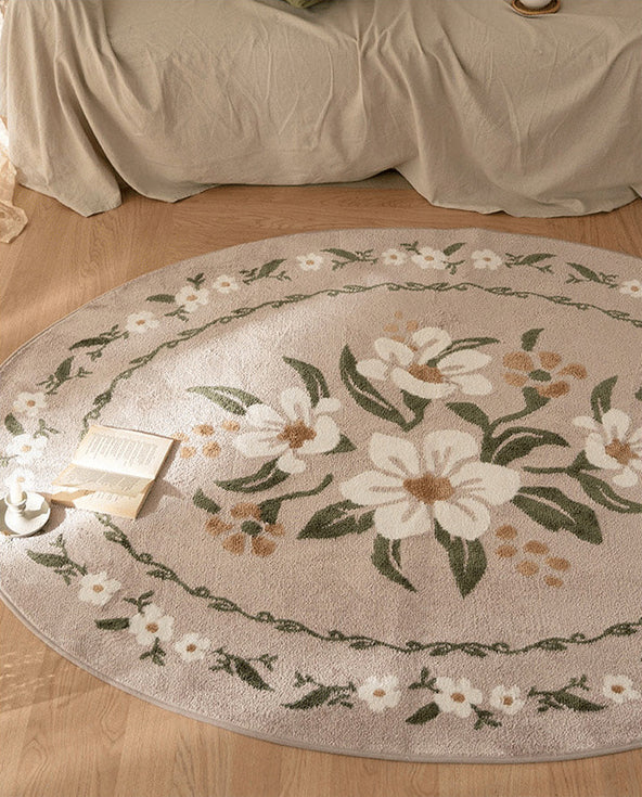 Fresh Floral Printed Rug Comfort Simple Round Carpet Polyester Non-Slip Backing Rug for Bedroom