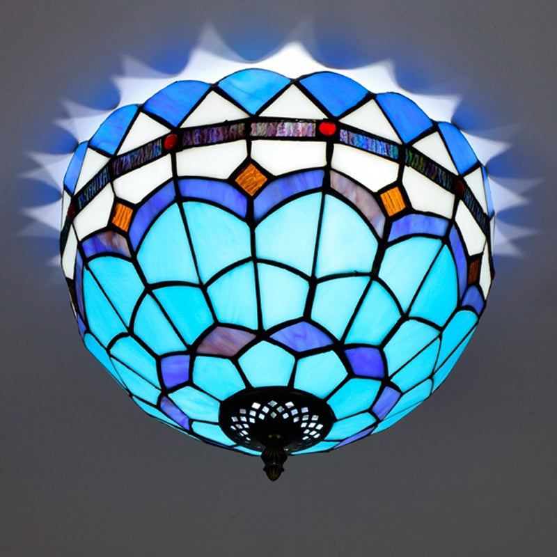 Blue 2/3 Bulbs Ceiling Mount Light Fixture Mediterranean Hand Rolled Art Glass Bowl Flush Mount Lighting, 12"/16" W