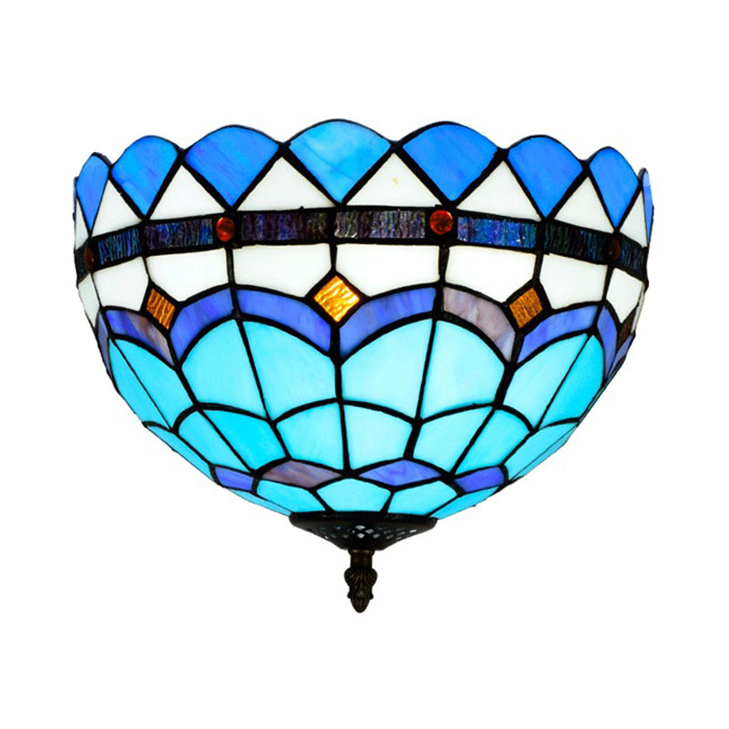 Blue 2/3 Bulbs Ceiling Mount Light Fixture Mediterranean Hand Rolled Art Glass Bowl Flush Mount Lighting, 12"/16" W
