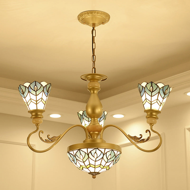 Tiffany Peacock Feather Chandelier Lighting 3/5/6 Lights Stained Glass Suspension Light in Gold for Living Room