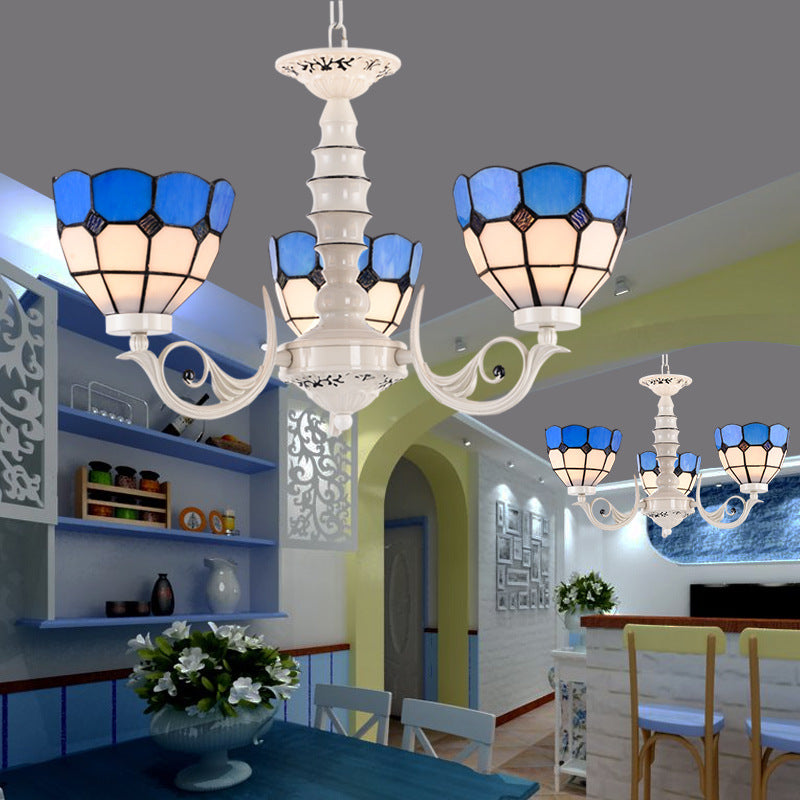 Mediterranean Dome Chandelier Light 3/5/8 Light Stained Glass Pendant Lamp in White for Living Room