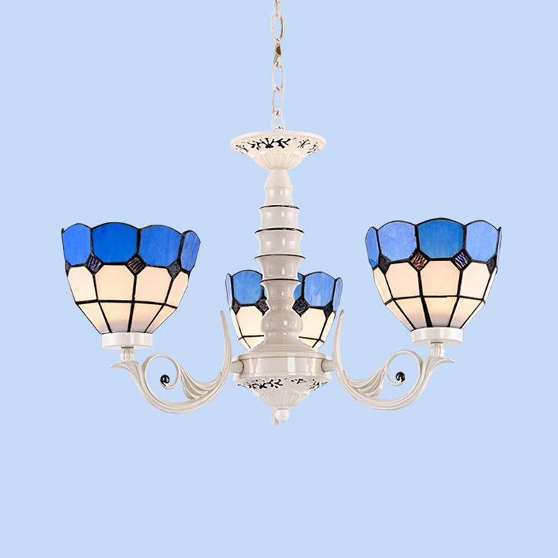 Mediterranean Dome Chandelier Light 3/5/8 Light Stained Glass Pendant Lamp in White for Living Room