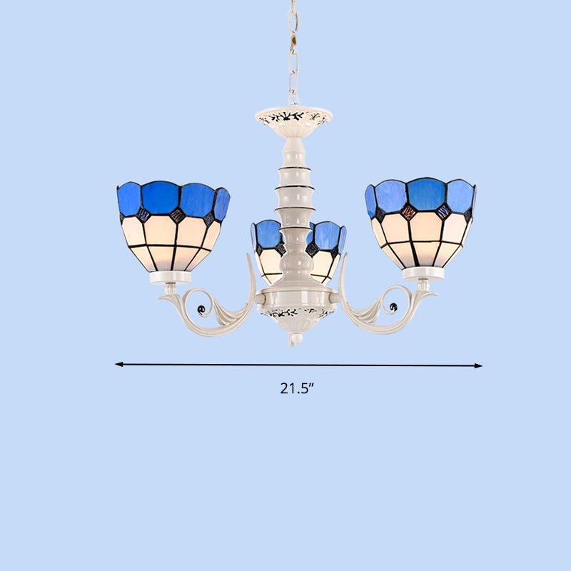 Mediterranean Dome Chandelier Light 3/5/8 Light Stained Glass Pendant Lamp in White for Living Room