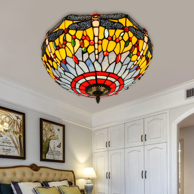 3 Heads Living Room Ceiling Mounted Fixture Tiffany Red/Yellow/Orange Flush Mount Lamp with Dragonfly Stained Glass Shade