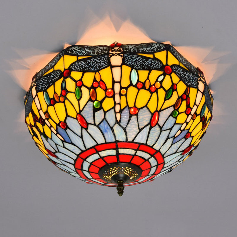 3 Heads Living Room Ceiling Mounted Fixture Tiffany Red/Yellow/Orange Flush Mount Lamp with Dragonfly Stained Glass Shade