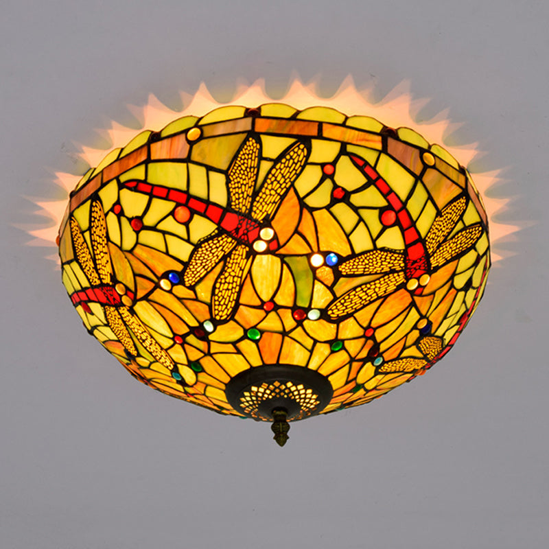 Plafonnier en verre taillé libellule, style Tiffany, 3 têtes, luminaire encastré en Bronze