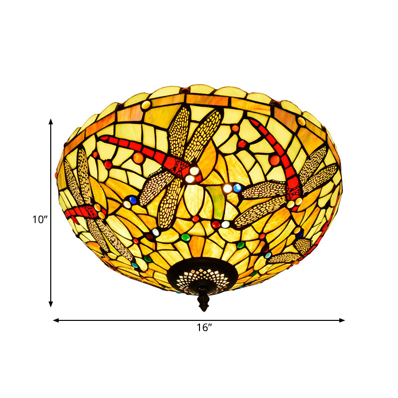 Plafonnier en verre taillé libellule, style Tiffany, 3 têtes, luminaire encastré en Bronze
