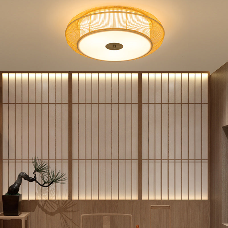 Japanese Curved Drum Flush Mount Ceiling Light Fixture Bamboo Ceiling Flush Mount Lights for Bedroom