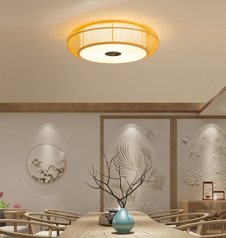 Japanese Curved Drum Flush Mount Ceiling Light Fixture Bamboo Ceiling Flush Mount Lights for Bedroom