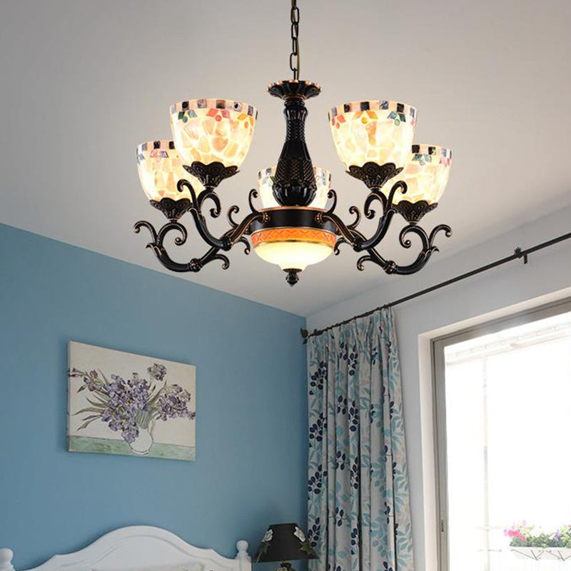 Stained Glass Mosaic Chandelier Lamp Tiffany 3/5/9 Lights Black Suspension Lighting Fixture for Living Room