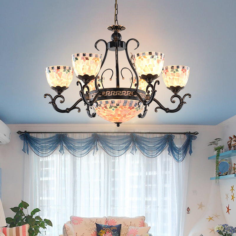 Stained Glass Mosaic Chandelier Lamp Tiffany 3/5/9 Lights Black Suspension Lighting Fixture for Living Room