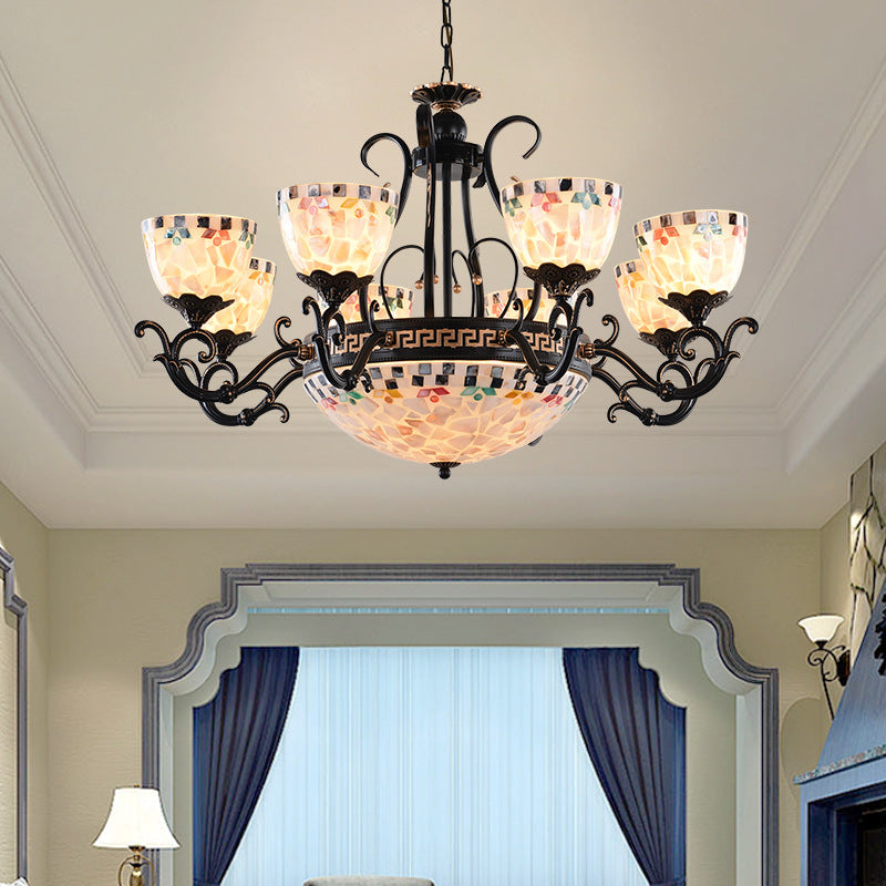 Stained Glass Mosaic Chandelier Lamp Tiffany 3/5/9 Lights Black Suspension Lighting Fixture for Living Room