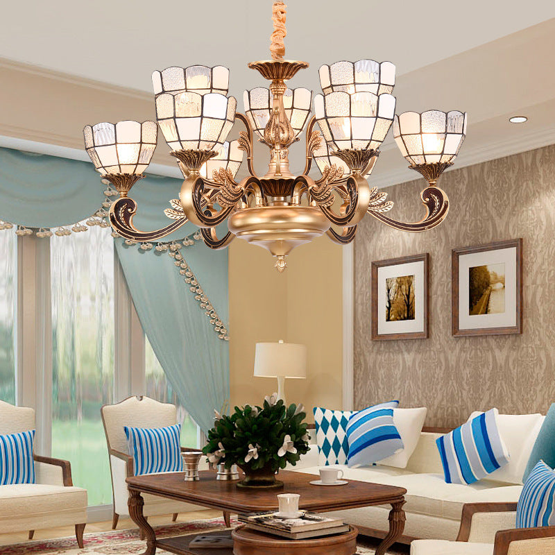 Gold Domed Shade Chandelier Light Fixture Tiffany 12 Lights Frosted Glass Hanging Lamp Kit