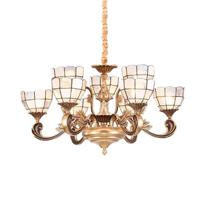 Gold Domed Shade Chandelier Light Fixture Tiffany 12 Lights Frosted Glass Hanging Lamp Kit