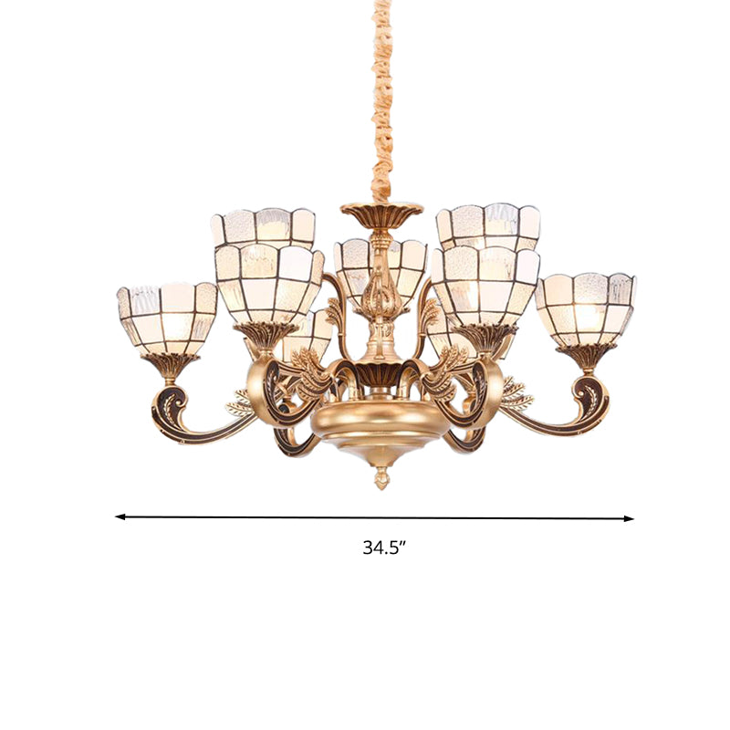 Gold Domed Shade Chandelier Light Fixture Tiffany 12 Lights Frosted Glass Hanging Lamp Kit