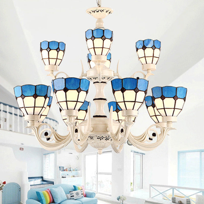 12 Lights Grid Patterned Chandelier Lighting Fixture Baroque White Stained Glass Pendant Light Kit