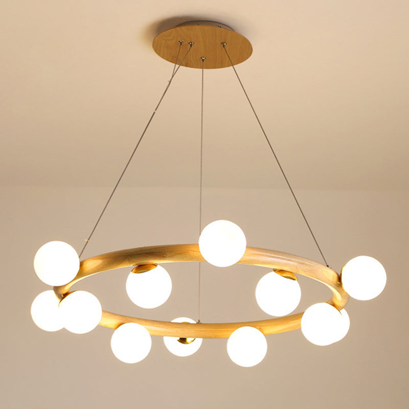 Moderno lampadario a legna a soffitto circolare creativo con tonalità di vetro bianco