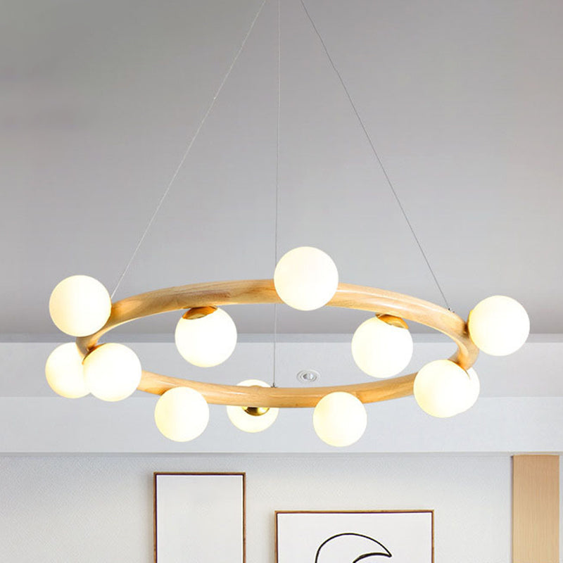 Moderno lampadario a legna a soffitto circolare creativo con tonalità di vetro bianco