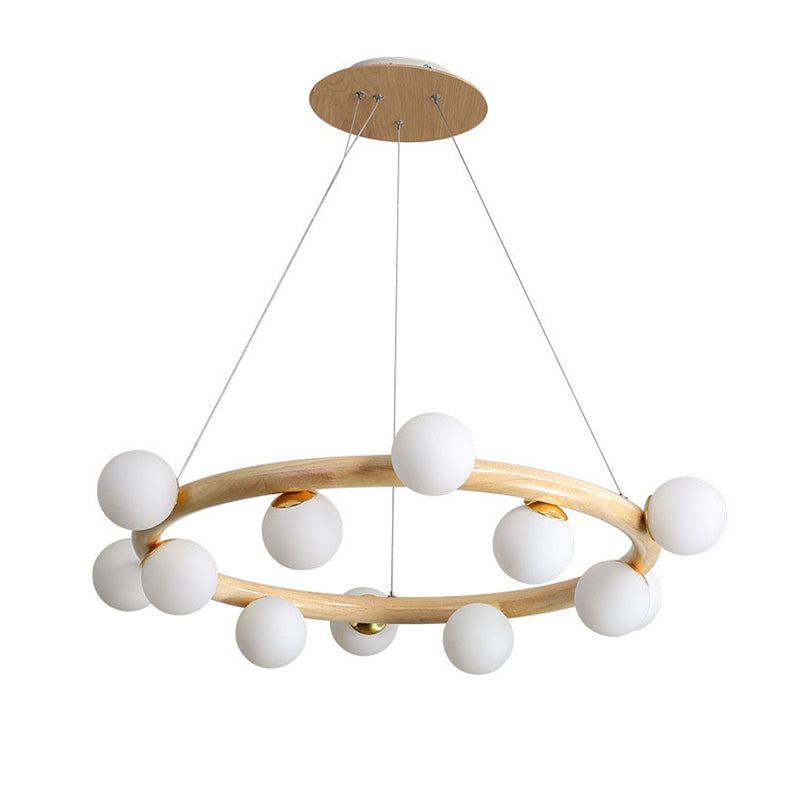 Moderno lampadario a legna a soffitto circolare creativo con tonalità di vetro bianco