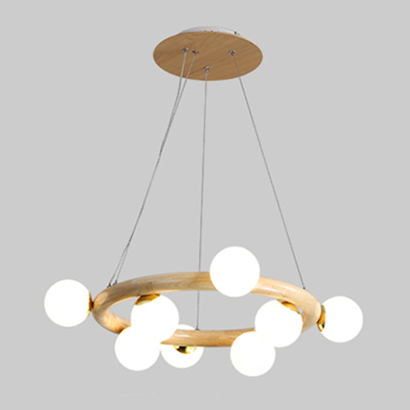 Moderno lampadario a legna a soffitto circolare creativo con tonalità di vetro bianco