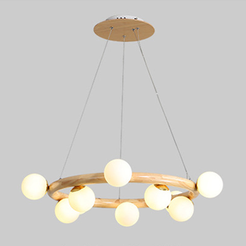 Moderno lampadario a legna a soffitto circolare creativo con tonalità di vetro bianco