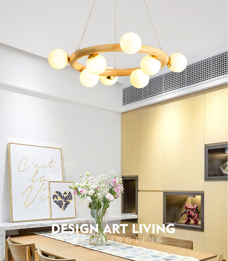 Moderno lampadario a legna a soffitto circolare creativo con tonalità di vetro bianco