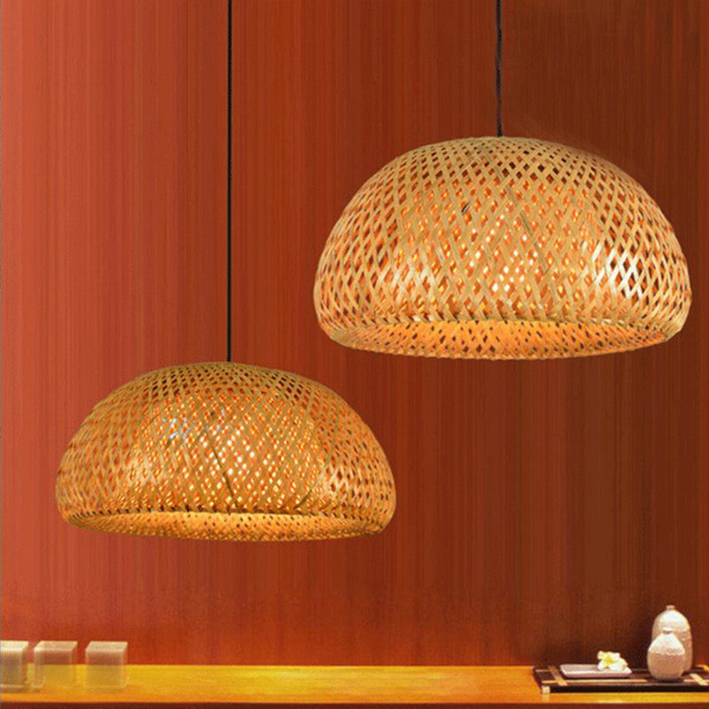 Asian Weaving Style Curved Drum Pendant Lighting Fixtures Rattan 1 Light Suspension Pendant