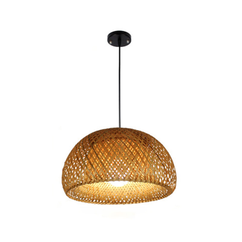 Asian Weaving Style Curved Drum Pendant Lighting Fixtures Rattan 1 Light Suspension Pendant