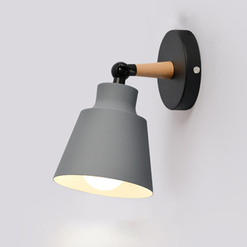 Nordic Macaroon Style Sconce Lights Conical Metal Shade Single Bulb Wooden Wall Mount Lamp for Bedroom