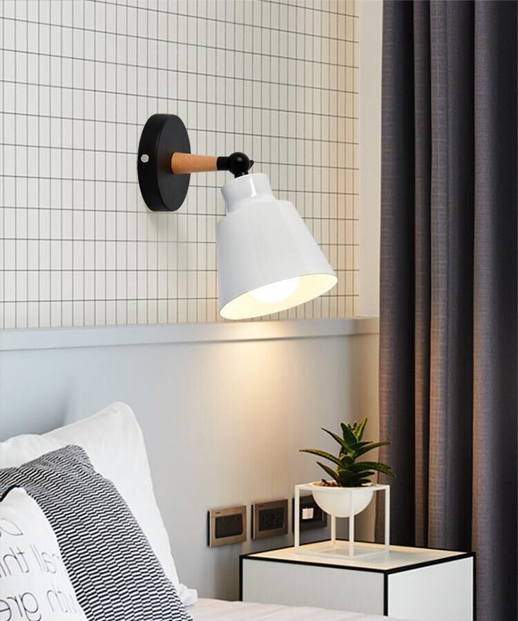 Nordic Macaroon Style Sconce Lights Conical Metal Shade Single Bulb Wooden Wall Mount Lamp for Bedroom