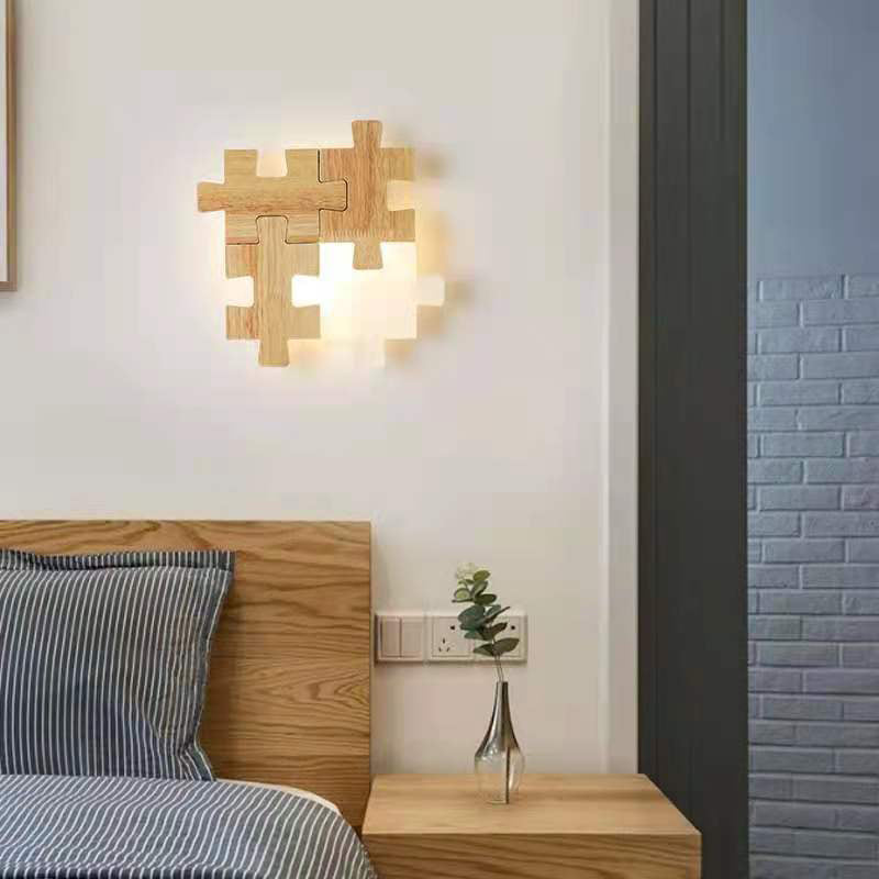 Creative Puzzles-shaped LED Wall Lamp Nordic Minimalism Rubber Wood Home Decorative Sconce Lights for Bedroom