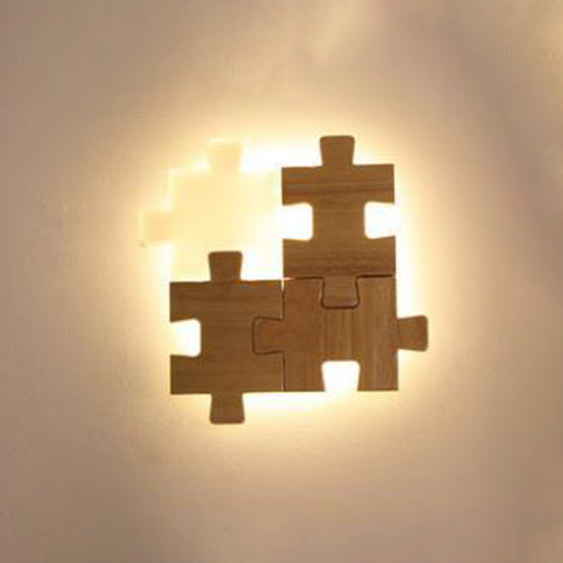Creative Puzzles-shaped LED Wall Lamp Nordic Minimalism Rubber Wood Home Decorative Sconce Lights for Bedroom