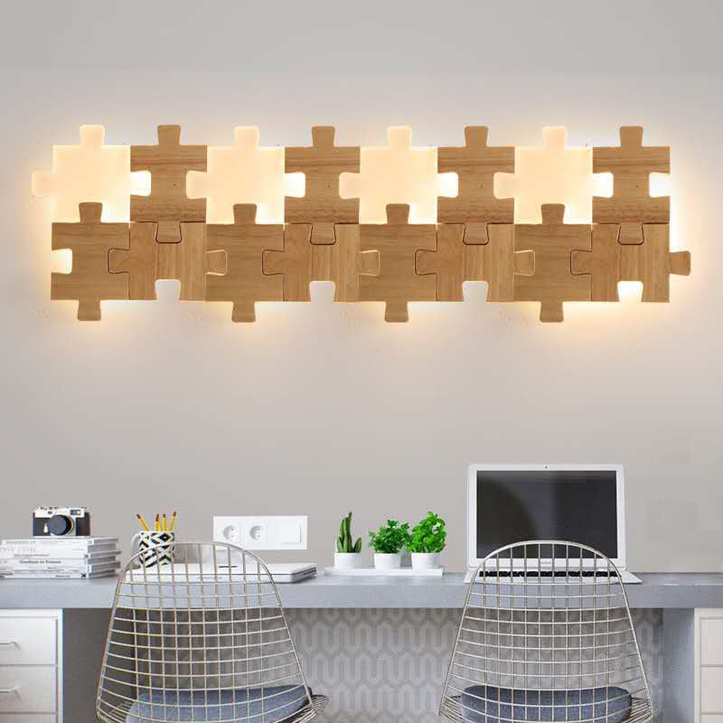 Creative Puzzles-shaped LED Wall Lamp Nordic Minimalism Rubber Wood Home Decorative Sconce Lights for Bedroom