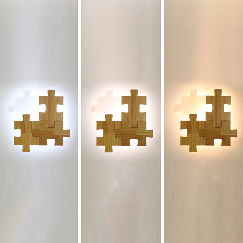 Creative Puzzles-shaped LED Wall Lamp Nordic Minimalism Rubber Wood Home Decorative Sconce Lights for Bedroom