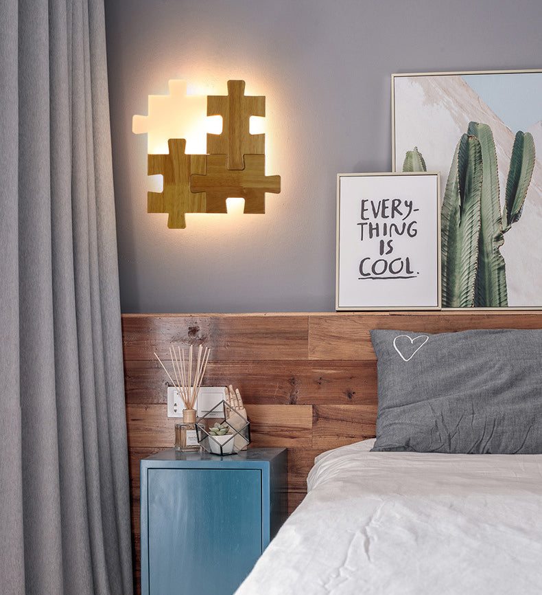 Creative Puzzles-shaped LED Wall Lamp Nordic Minimalism Rubber Wood Home Decorative Sconce Lights for Bedroom