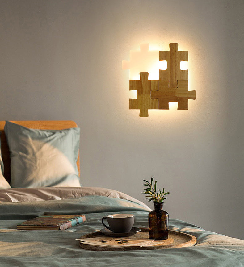 Creative Puzzles-shaped LED Wall Lamp Nordic Minimalism Rubber Wood Home Decorative Sconce Lights for Bedroom
