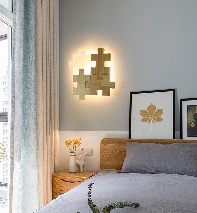 Creative Puzzles-shaped LED Wall Lamp Nordic Minimalism Rubber Wood Home Decorative Sconce Lights for Bedroom