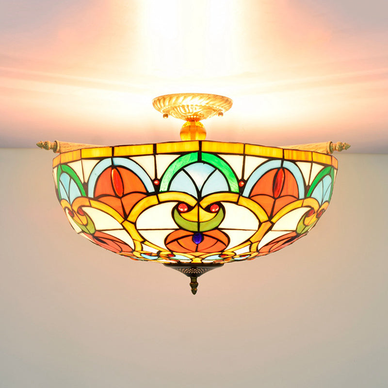 21.5"/25.5" W Brass Jewel Ceiling Lamp Baroque 5 Bulbs Multicolored Stained Glass Semi Flush Mount Lighting
