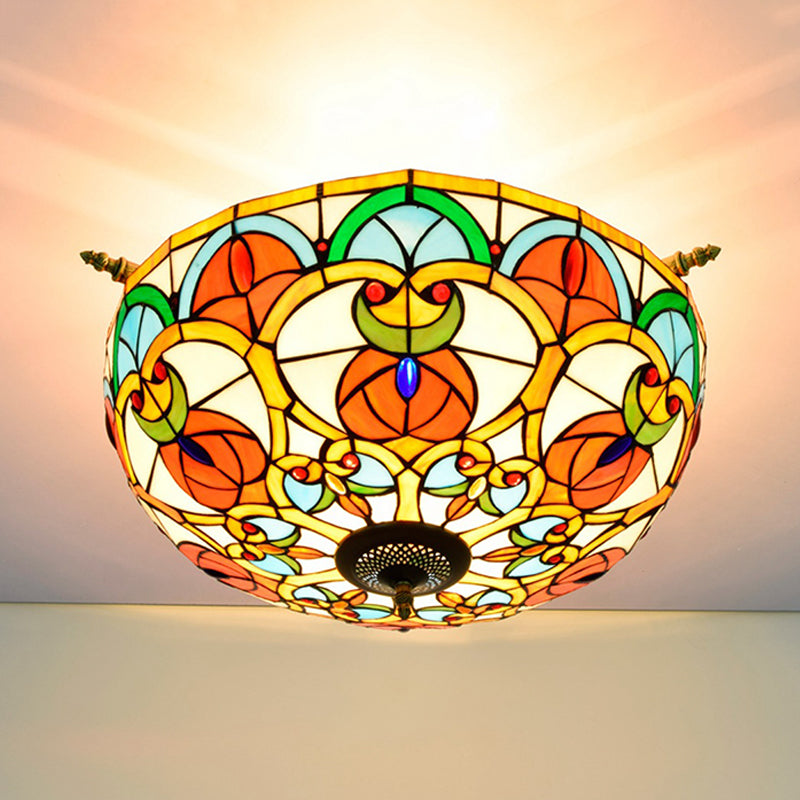21.5"/25.5" W Brass Jewel Ceiling Lamp Baroque 5 Bulbs Multicolored Stained Glass Semi Flush Mount Lighting