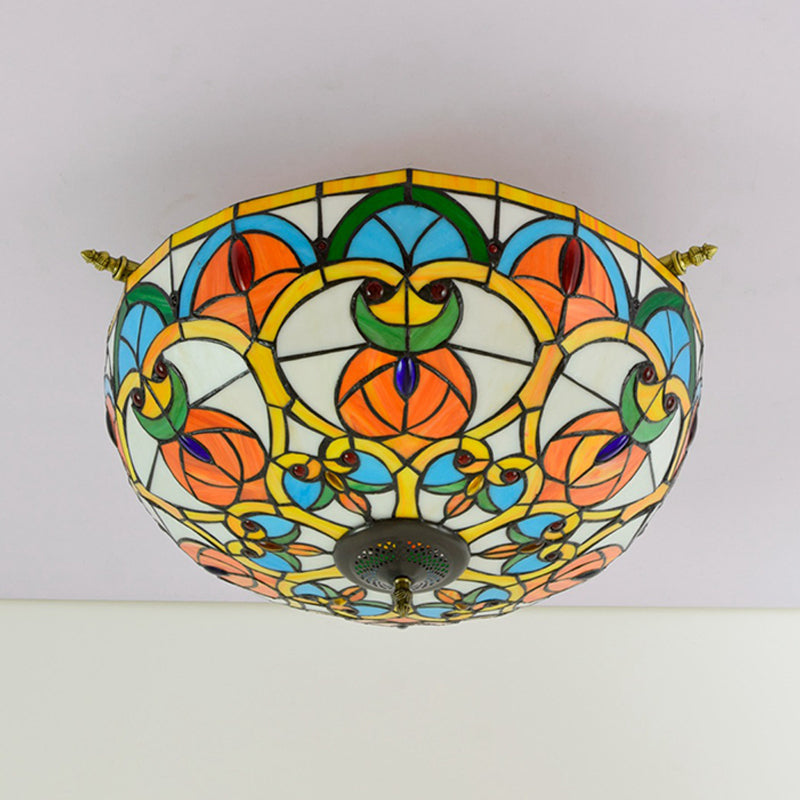 21.5"/25.5" W Brass Jewel Ceiling Lamp Baroque 5 Bulbs Multicolored Stained Glass Semi Flush Mount Lighting