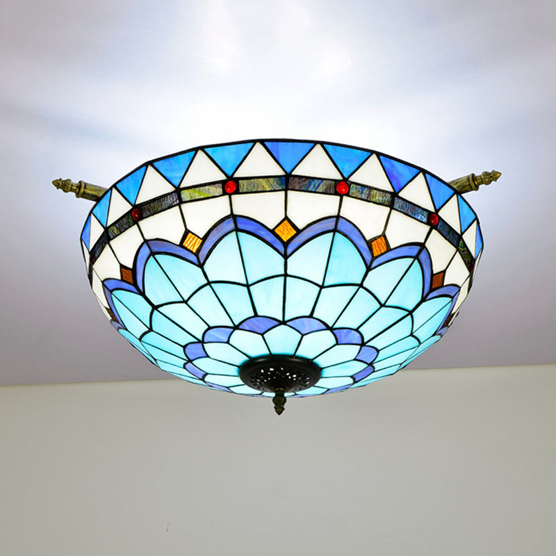 Baroque Dome Semi Flush Mount Lighting 5 Bulbs Handcrafted Stained Glass Close to Ceiling Lamp in White/Blue, 21.5"/25.5" W